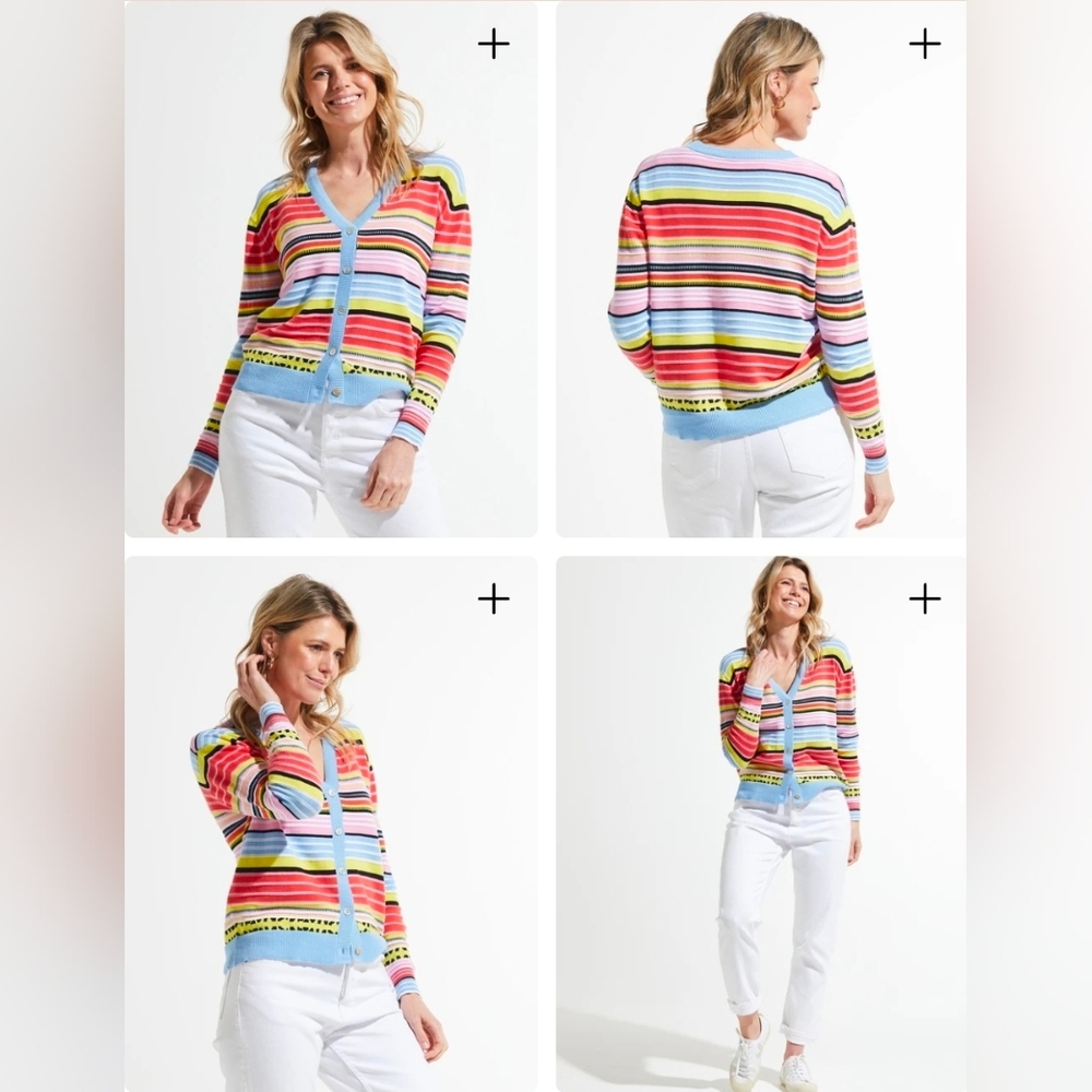 Zaket & Plover Women's Small Stripe V Neck Cardigan Sweater Blue Yellow Red